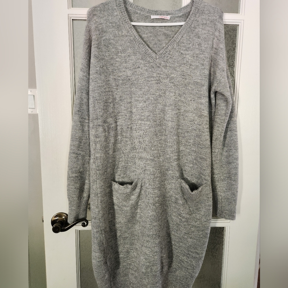 Elegant Gray Wool Blend Knit Sweater Dress
